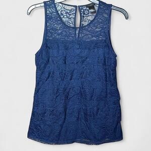 Ann Taylor Navy Blue Lace Tiered Sleeveless Blouse - Size XS